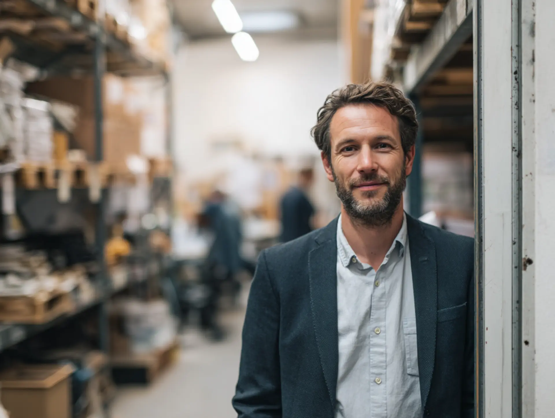 Empresario joven en chaqueta apoyado en una puerta de almacén con empleados trabajando al fondo.